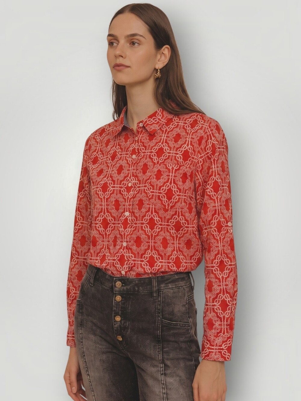 Tommy Hilfiger Shirt Large Red Nautical Rope Print Button Up Long Sleeve Preppy